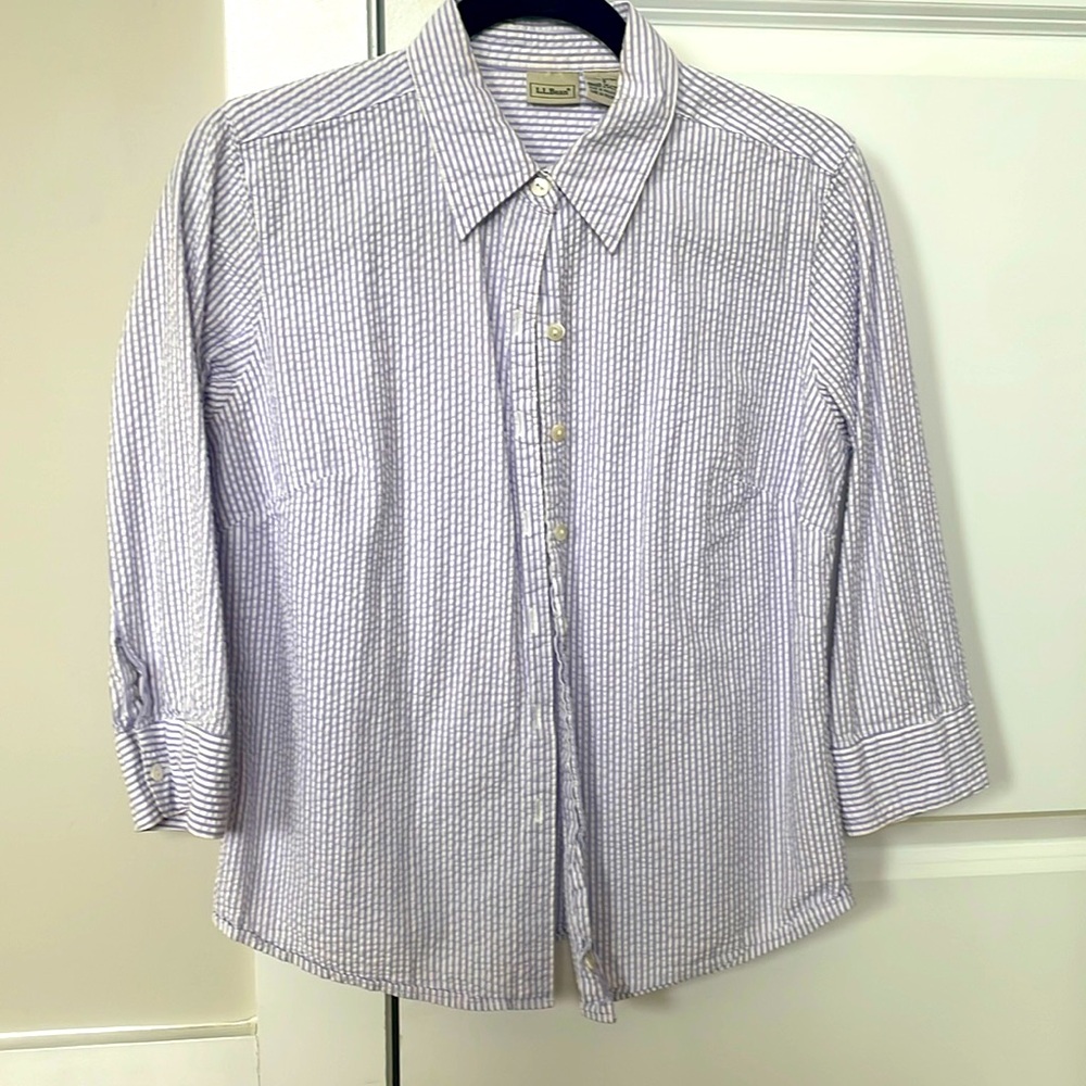 LL Bean lilac seersucker shirt